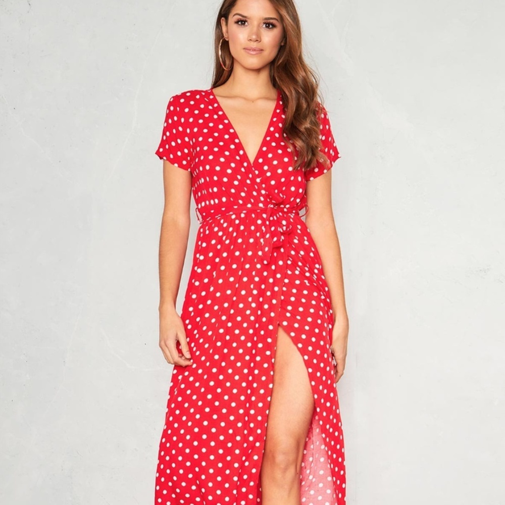 Red Polka Dot Maxi Dress - V Neck with Slit Large